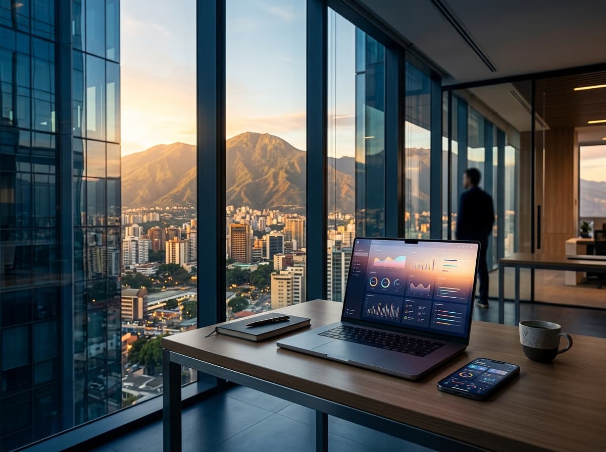 Oficina moderna en Caracas con el Ávila de fondo y la suite OrdoZenit en laptop y teléfono
